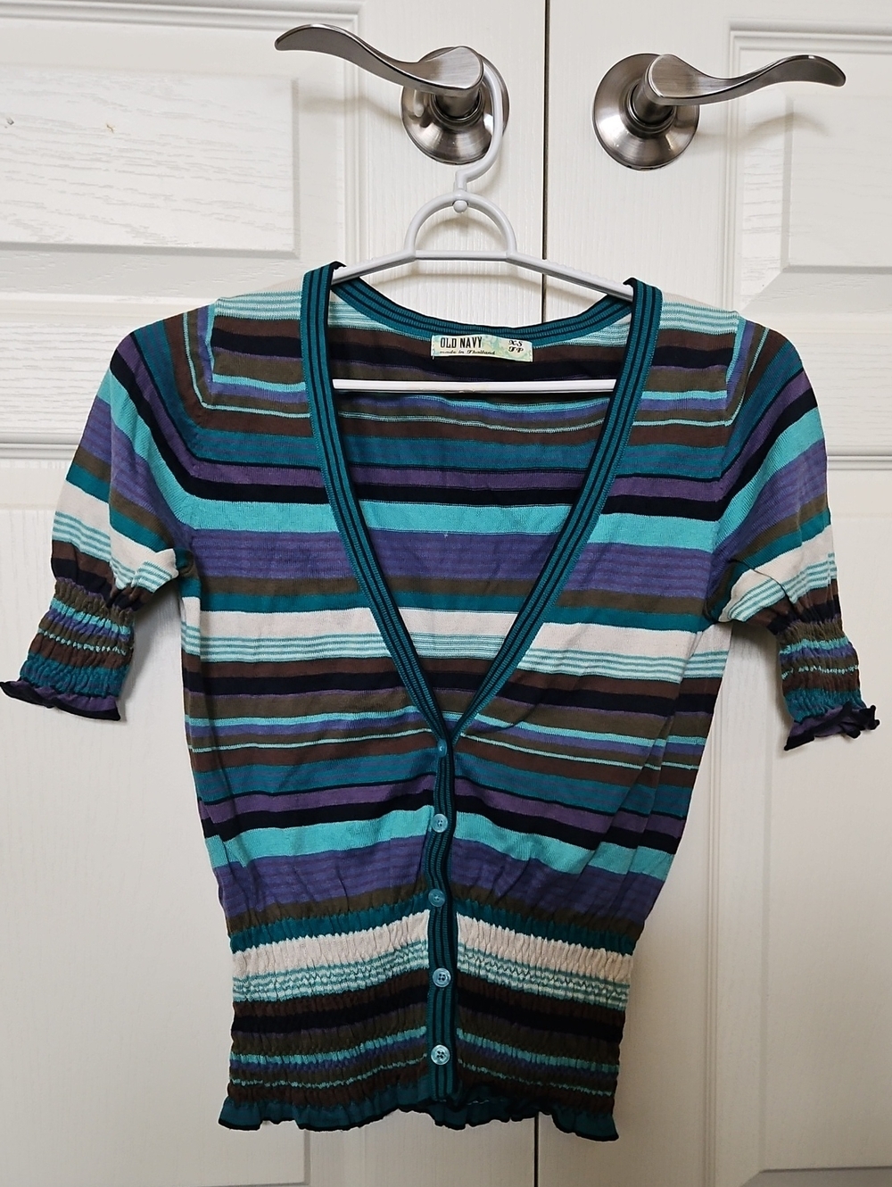 Old Navy Women's Striped V-Neck Button Cardigan - Blue Teal Purple Multi